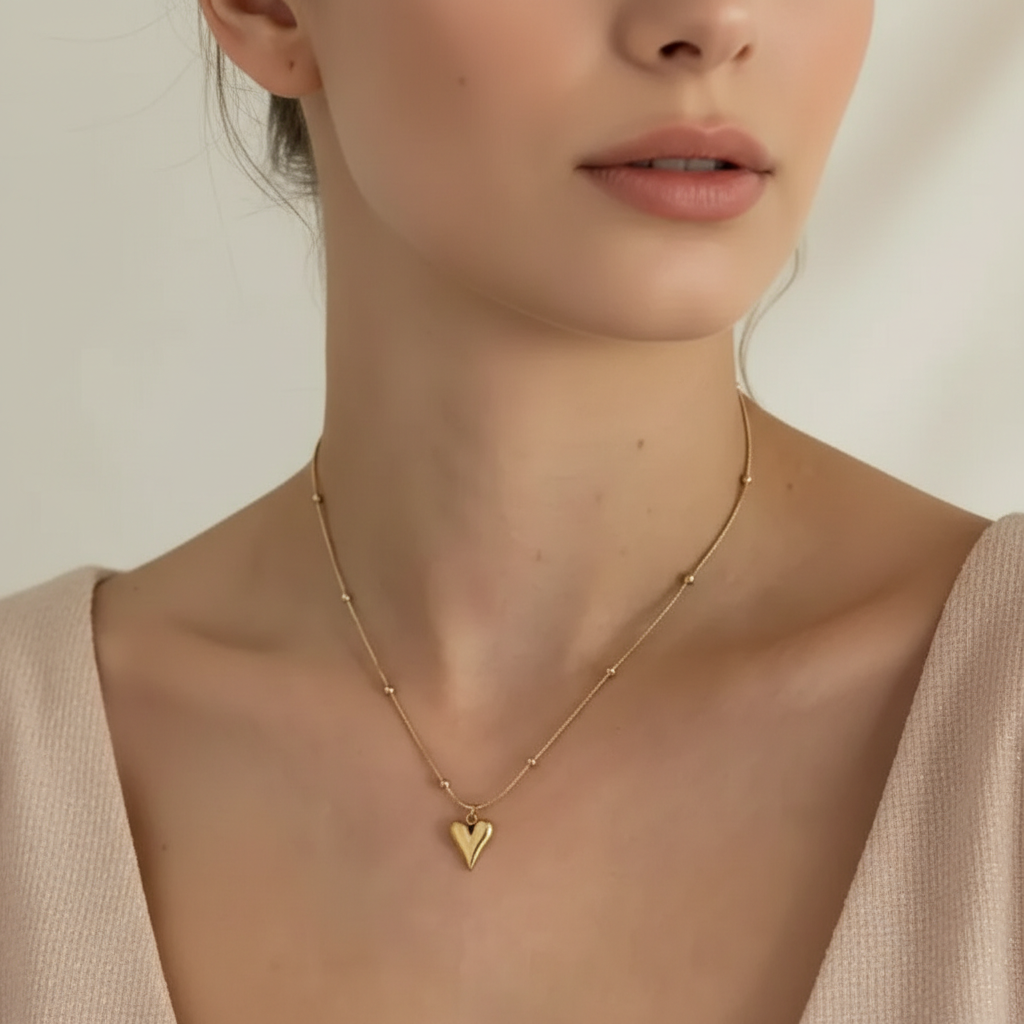 Dainty Gold Puffed Heart Satellite Chain Necklace