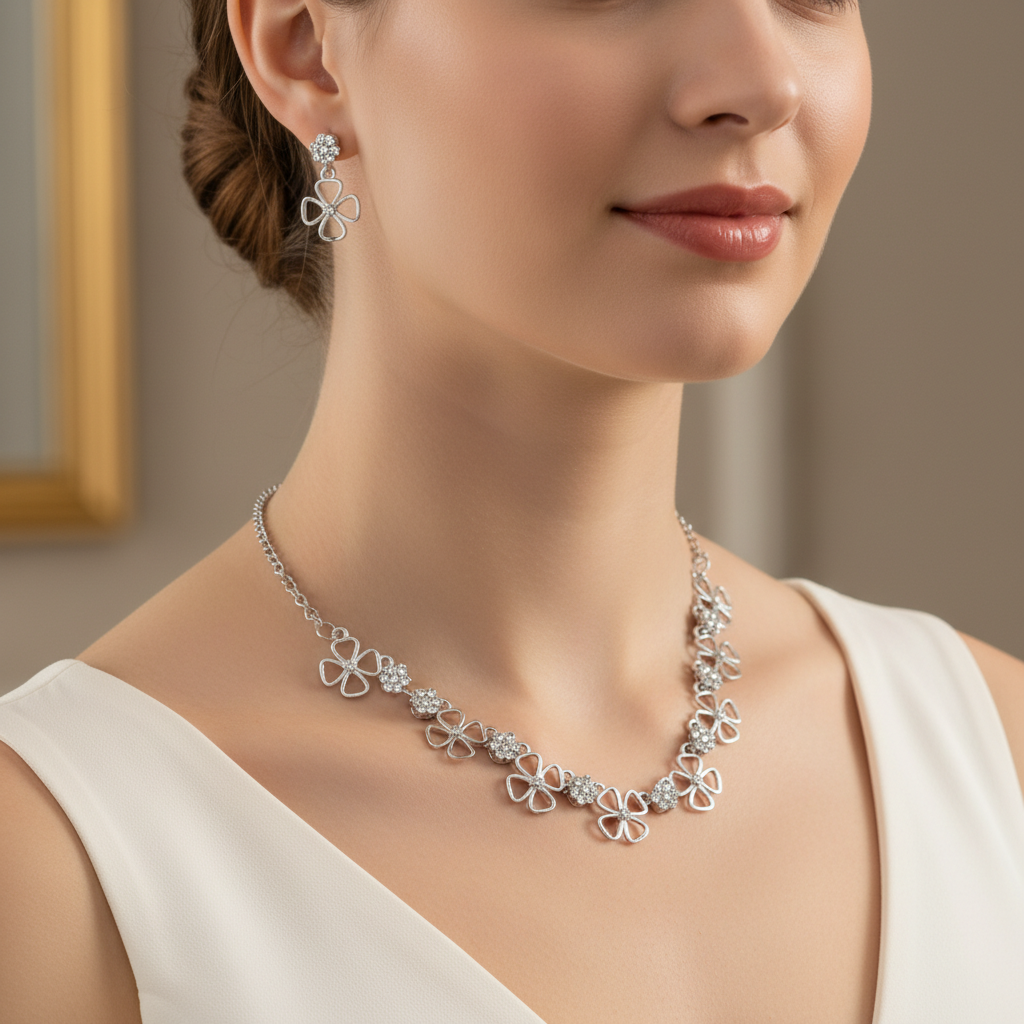 Elegant Silver-Tone Floral Crystal Necklace & Dangle Earring Set