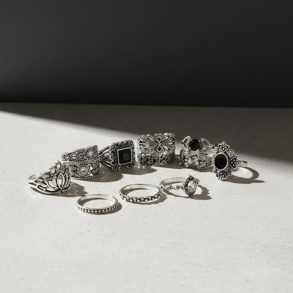 Boho Vintage Antique Silver Stackable Midi & Regular Rings Set of 15 for Women