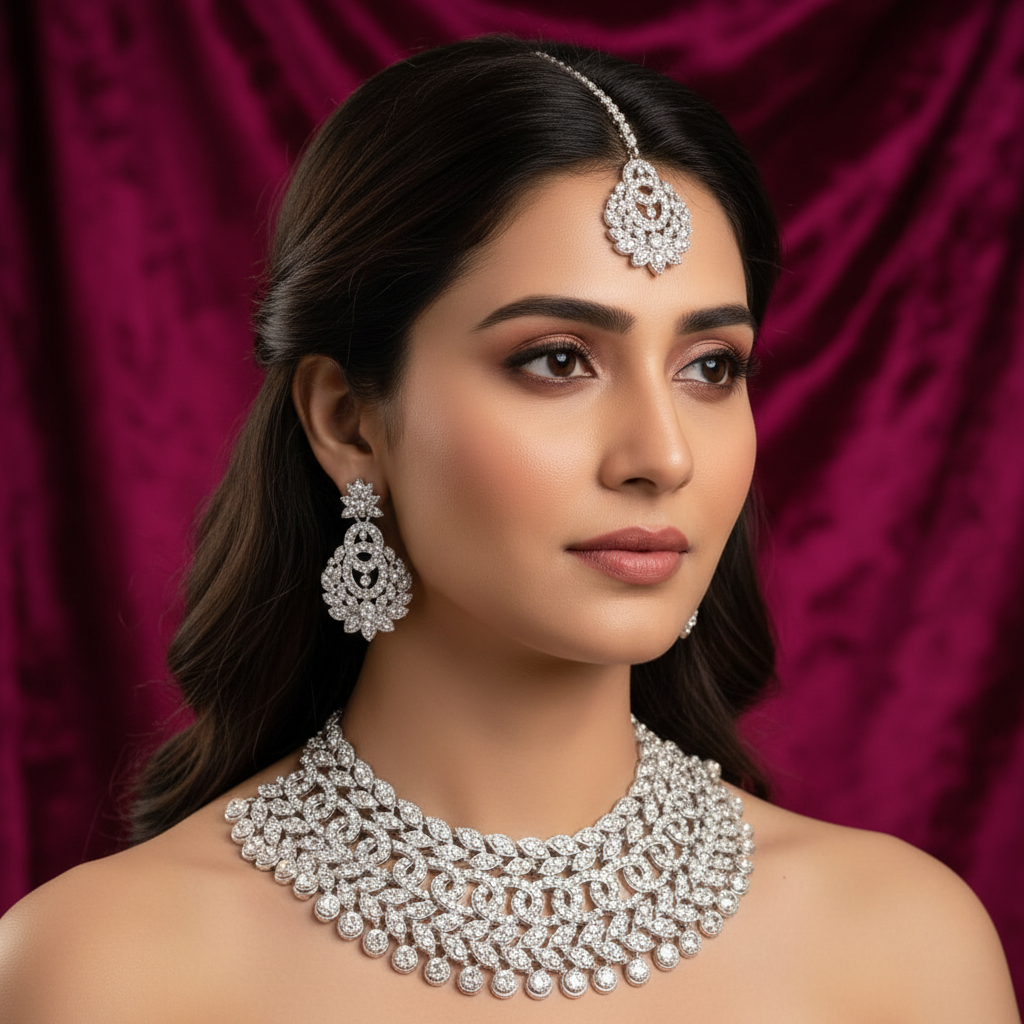 Opulent Silver-Toned American Diamond Choker Necklace Set