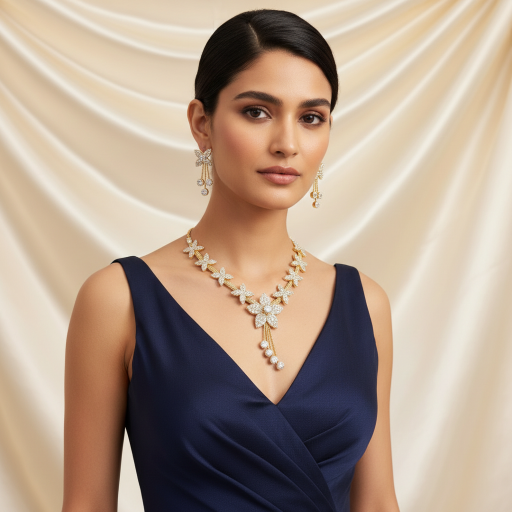 Sparkling Floral Gold Tone Necklace & Dangler Earring Set