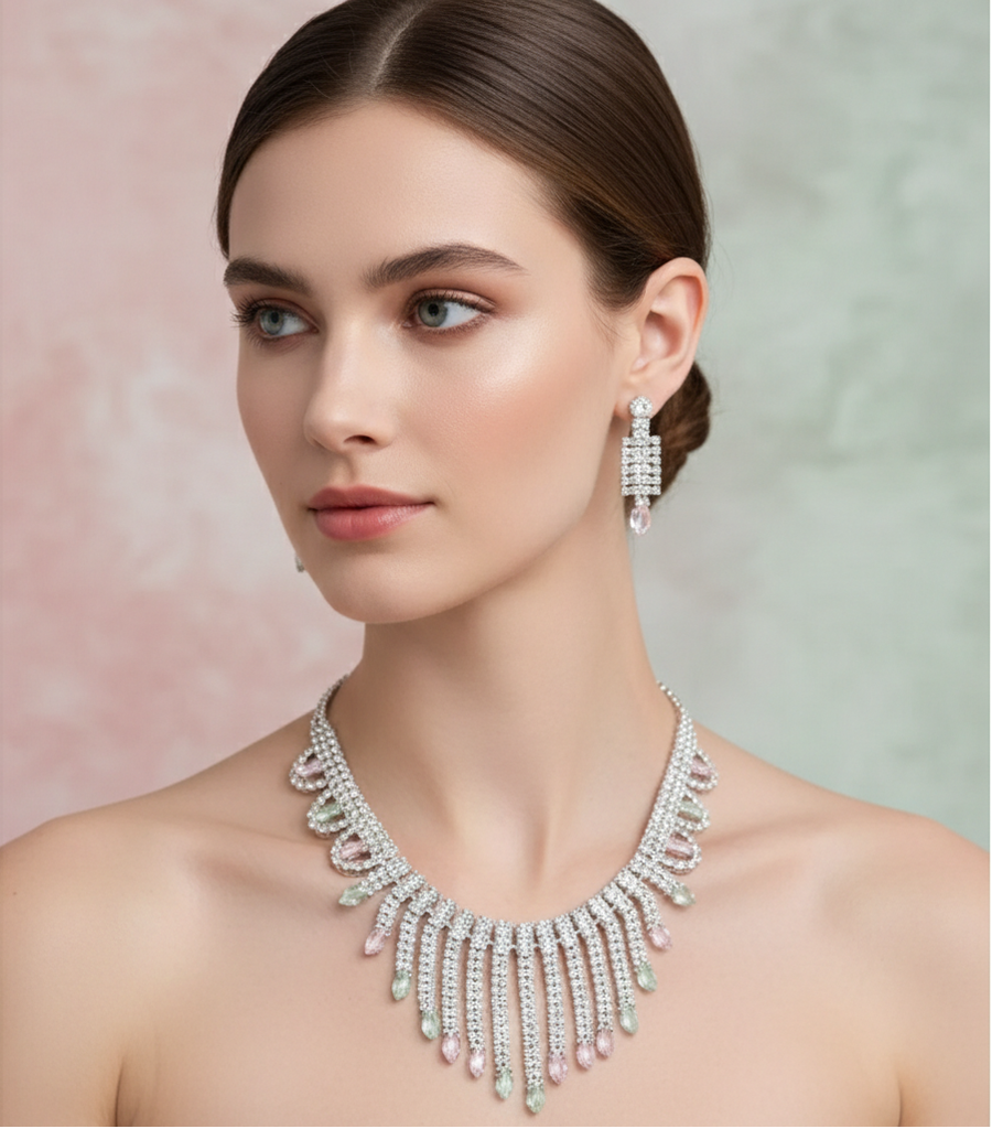 Elegant Pastel Crystal Fringe Statement Necklace & Drop Earring Set