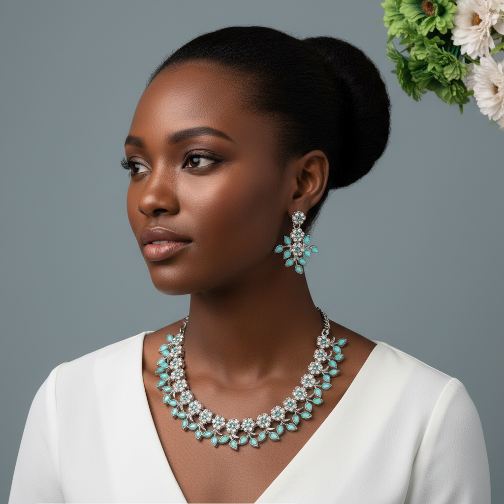 Elegant Aqua & Silver-Tone Floral Leaf Necklace Set