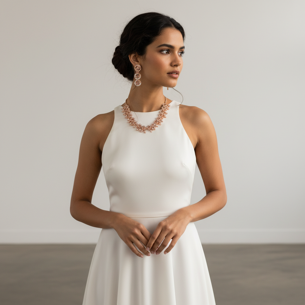 Elegant Rose Gold Tone Floral Crystal Necklace & Dangle Earring Set