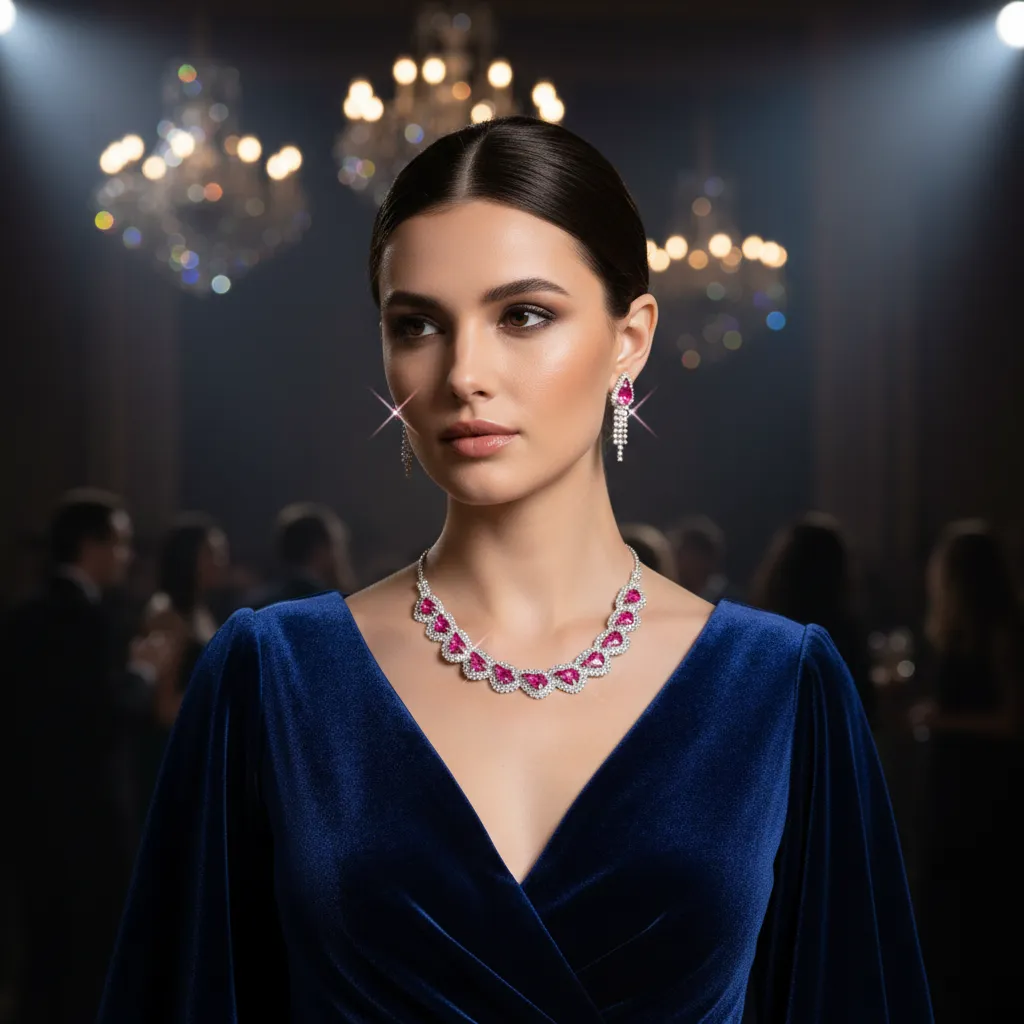 Dazzling Hot Pink Crystal Teardrop Necklace & Dangle Earrings Set